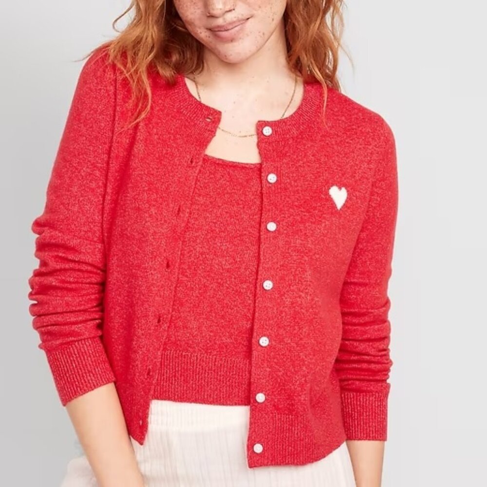 Old Navy Cropped Jacquard Cozy-Knit Cardigan Sweater with Heart Detail